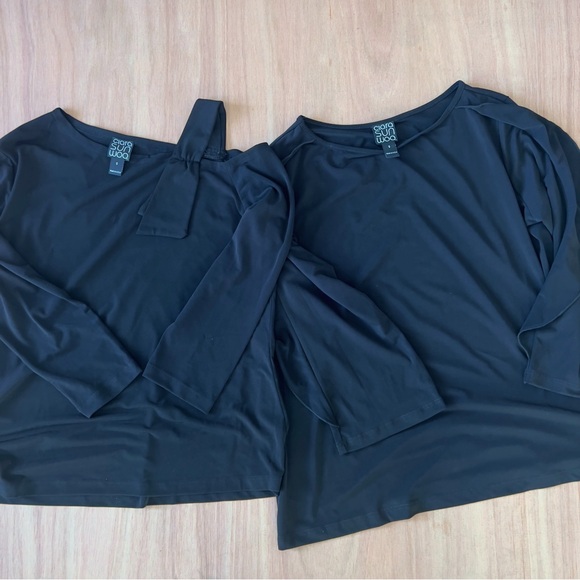 Clara Sun Woo 2 top bundle‎ sz S small black stretch cold shoulder ruffles USA - Picture 1 of 7